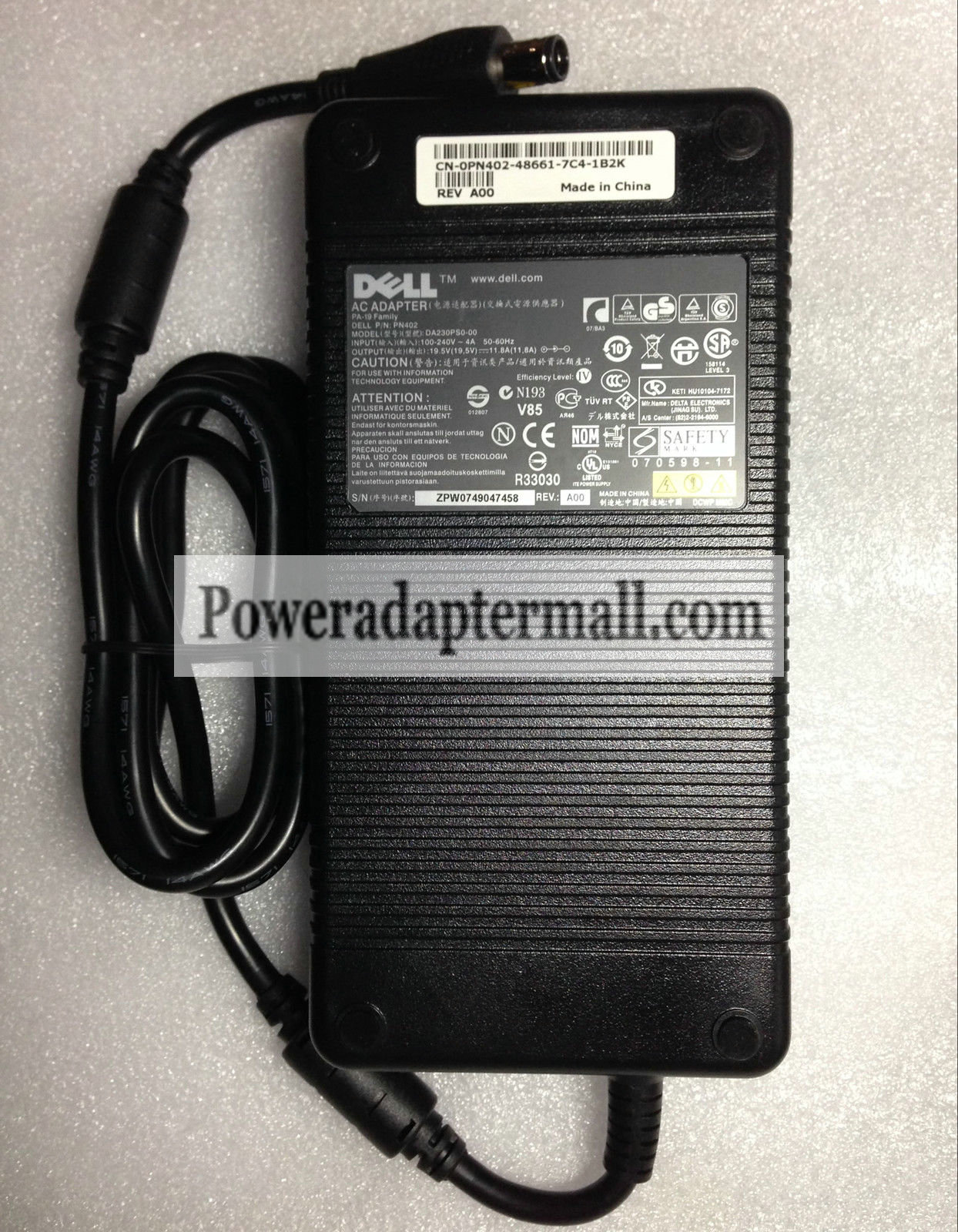 original 230W Dell PN402 0PN402 AC Power Adapter Charger Cord